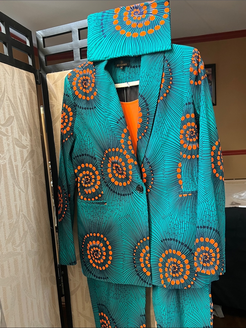 Women's Teal & Orange Printed Blazer Jacket by DIYANU